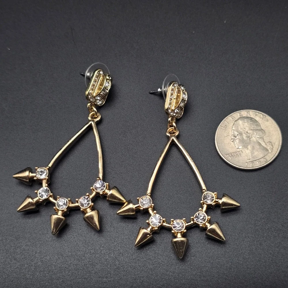Gold Tone Rhinestone Studded Spike Hoop Earrings Pierced Edgy Punk